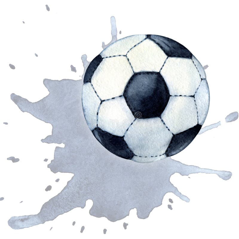 Flying soccer ball on the background of watercolor stains, splashes. Hand drawn watercolor illustration for the design of a sports banner, background, printed matter for championships, olympiads, competitions, advertisements, announcements. Flying soccer ball on the background of watercolor stains, splashes. Hand drawn watercolor illustration for the design of a sports banner, background, printed matter for championships, olympiads, competitions, advertisements, announcements