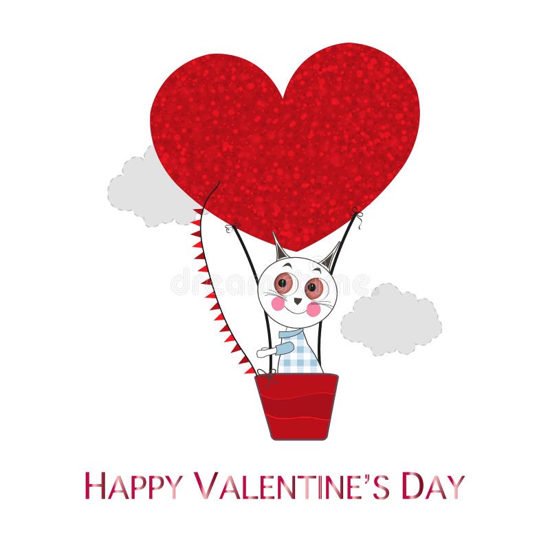 Ballon à air chaud avec les coeurs brillants rouges et les chats mignons Carte de voeux heureuse de jour du `s de valentine illustration stock Ballon à air chaud avec les coeurs brillants rouges et les chats mignons Carte de voeux heureuse de jour du `s de valentine illustration stock