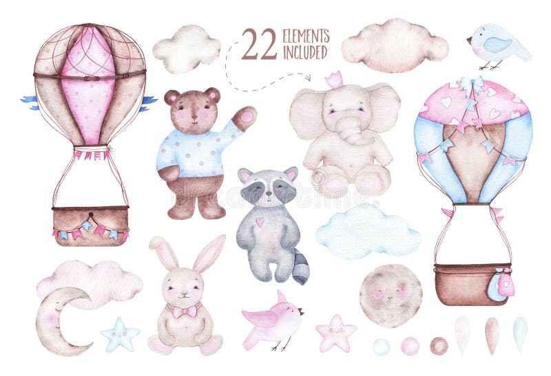 Ballon à air chaud mignon d'aquarelle avec des oiseaux de lune de lapin de raton laveur d'ours d'éléphant illustration libre de droits Ballon à air chaud mignon d'aquarelle avec des oiseaux de lune de lapin de raton laveur d'ours d'éléphant illustration libre de droits