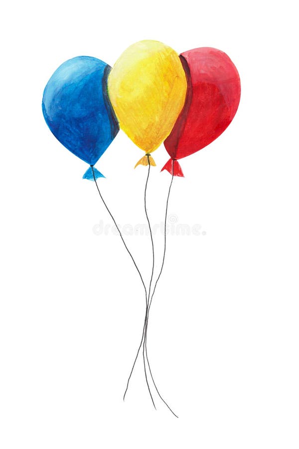 Red, yellow and blue balloons isolated on white background. Watercolor hand drawn illustration in cartoon style. Happy birthday present, greeting post card, easter holiday, gift concept. Red, yellow and blue balloons isolated on white background. Watercolor hand drawn illustration in cartoon style. Happy birthday present, greeting post card, easter holiday, gift concept