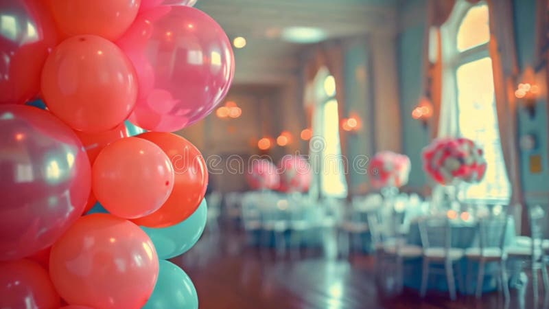 Ballons roses et bleus décorent un élégant lieu de réception illustration stock
