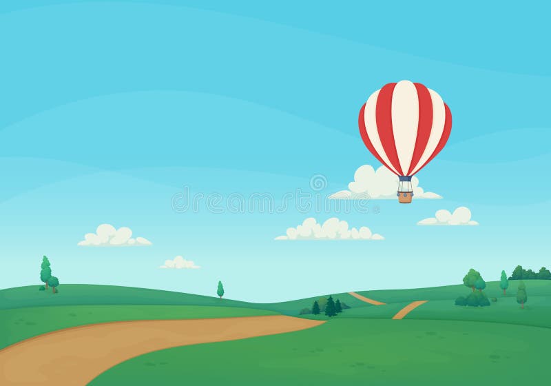 Ballons à air chaud en pente au-dessus du paysage rural avec prairies vertes, arbres, buissons, route de terre et forêt avec nuag illustration de vecteur Ballons à air chaud en pente au-dessus du paysage rural avec prairies vertes, arbres, buissons, route de terre et forêt avec nuag illustration de vecteur