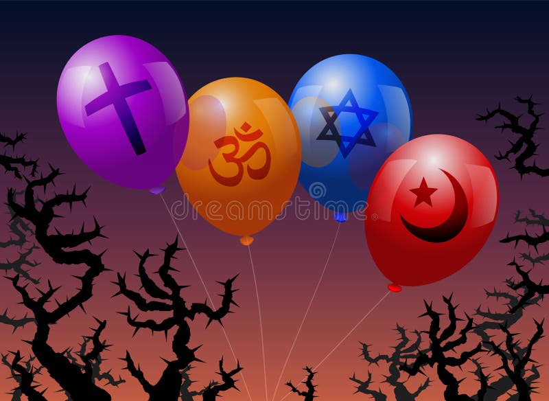 Four balloons, which are labeled with the signs of Christianity, Hinduism, Judaism and Islam. They are threatened by thorns. Four balloons, which are labeled with the signs of Christianity, Hinduism, Judaism and Islam. They are threatened by thorns.