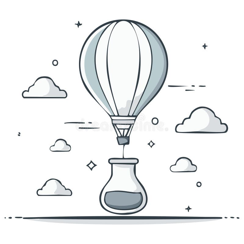 Balloon carrying a flask, science exploration and creativity in a sketched whimsical design with clouds stock illustration