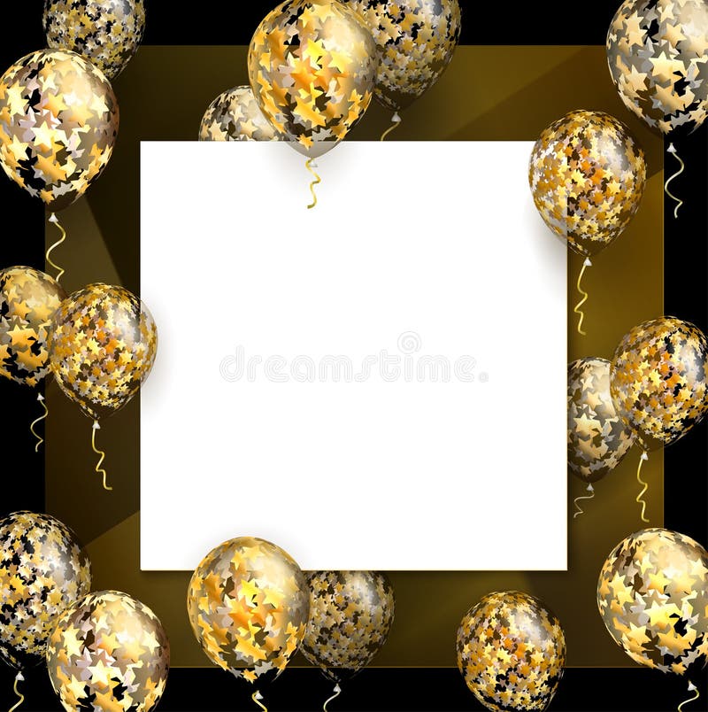 Balloon with Golden Stars on Square Realistic Frame vector illustration