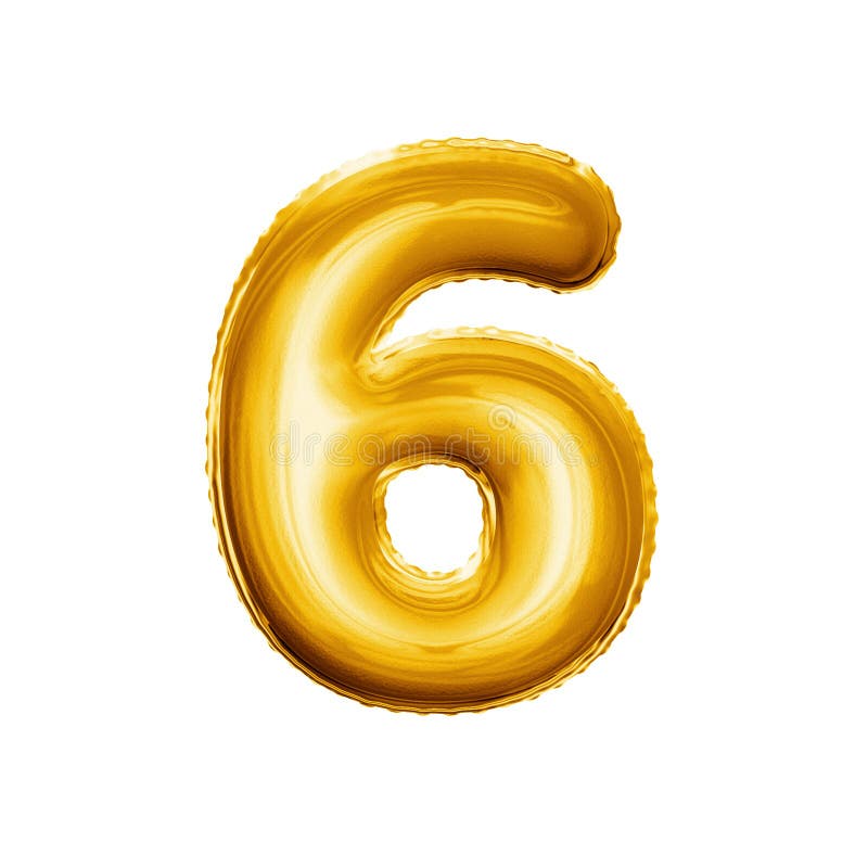 Balloon number 6 Six. Realistic 3D isolated gold helium balloon abc alphabet golden font text. Decoration element for birthday or wedding greeting design on white background. Balloon number 6 Six. Realistic 3D isolated gold helium balloon abc alphabet golden font text. Decoration element for birthday or wedding greeting design on white background