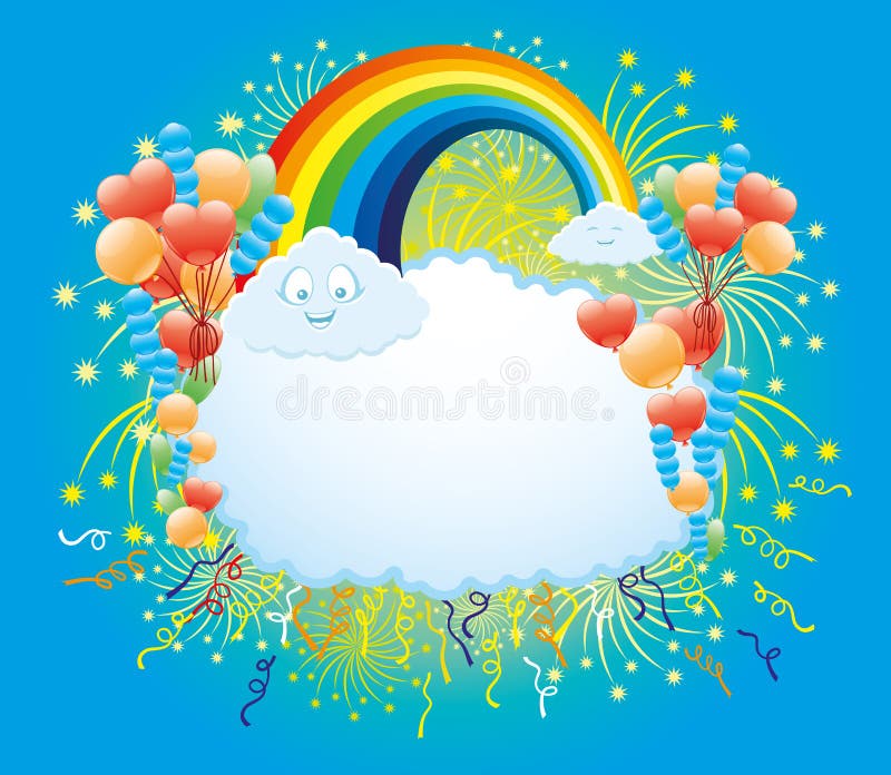 Balloons, Confetti, Firework, Rainbow and Clouds. Stock Vector