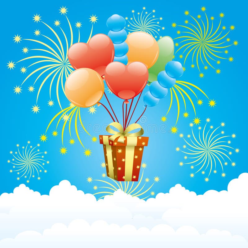 Balloons, firework and gift box. stock illustration