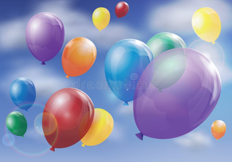 Balloons floating in sky with sun and lens flare