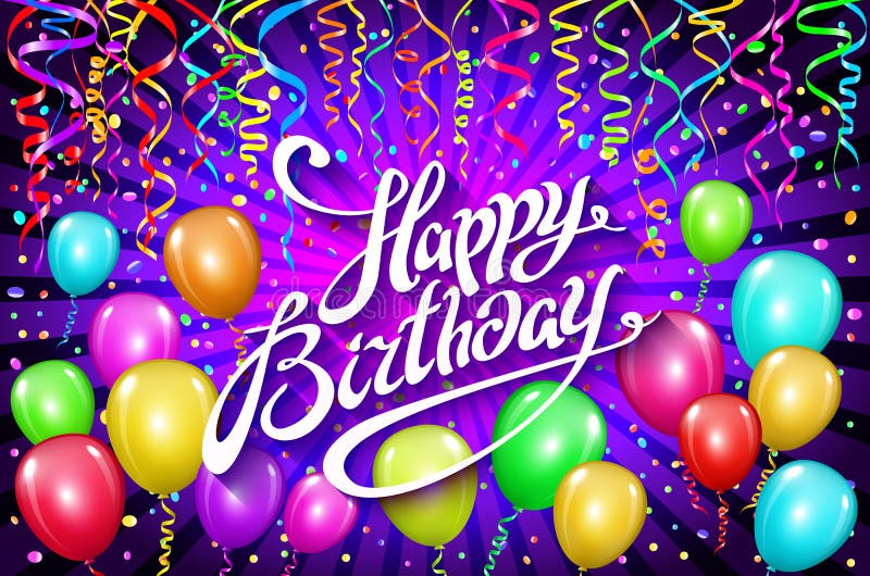 Balloons happy birthday. colorful balloon sparkles holiday violet background. Happiness Birth day to you logo, card, banner, web vector illustration Balloons happy birthday. colorful balloon sparkles holiday violet background. Happiness Birth day to you logo, card, banner, web vector illustration