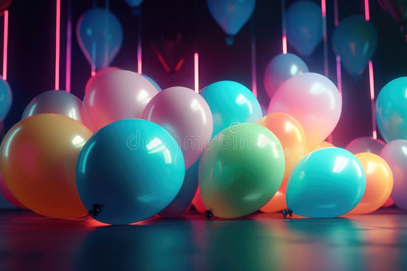 Balloons with Neon Lights on Colors Background. AI Generated Stock