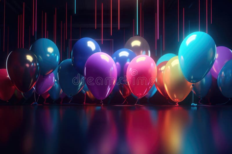 Balloons with Neon Lights on Colors Background. AI Generated Stock