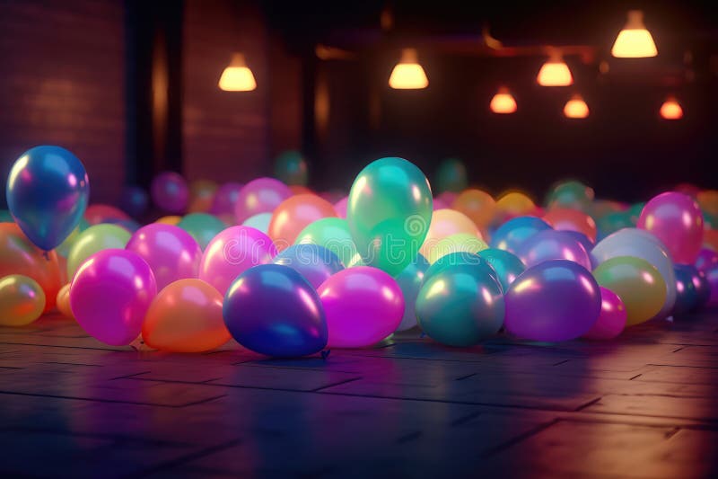 Balloons with Neon Lights on Colors Background. AI Generated Stock