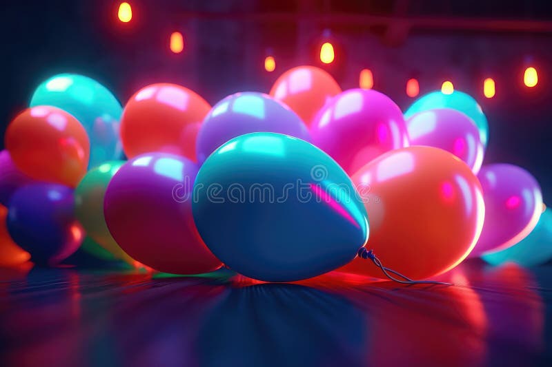 Balloons with Neon Lights on Colors Background. AI Generated Stock