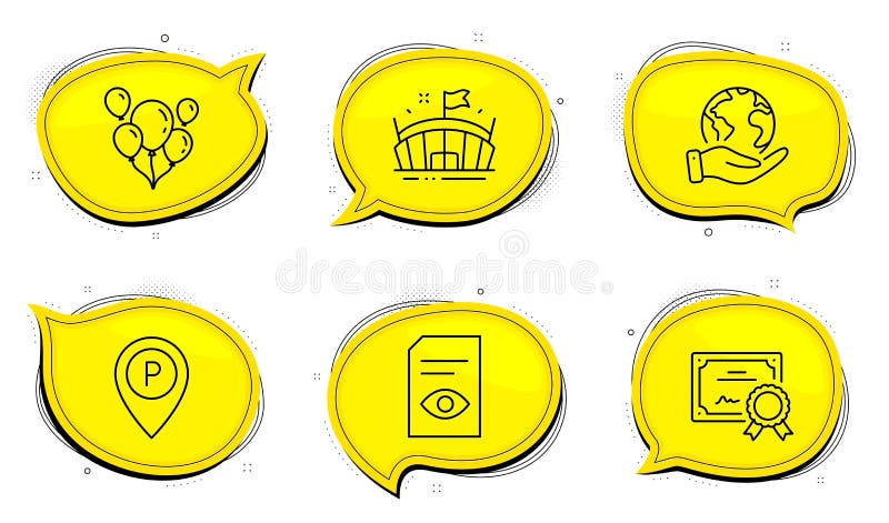 Balloons, View document and Parking icons set. Arena sign. Air balloons, Open file, Park pointer. Vector stock illustration