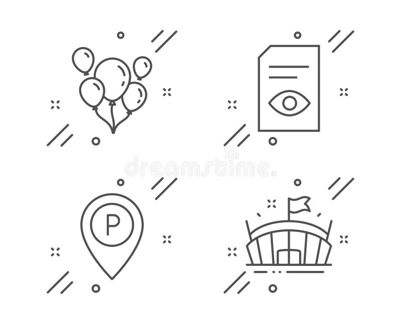 Balloons, View document and Parking icons set. Arena sign. Air balloons, Open file, Park pointer. Vector vector illustration