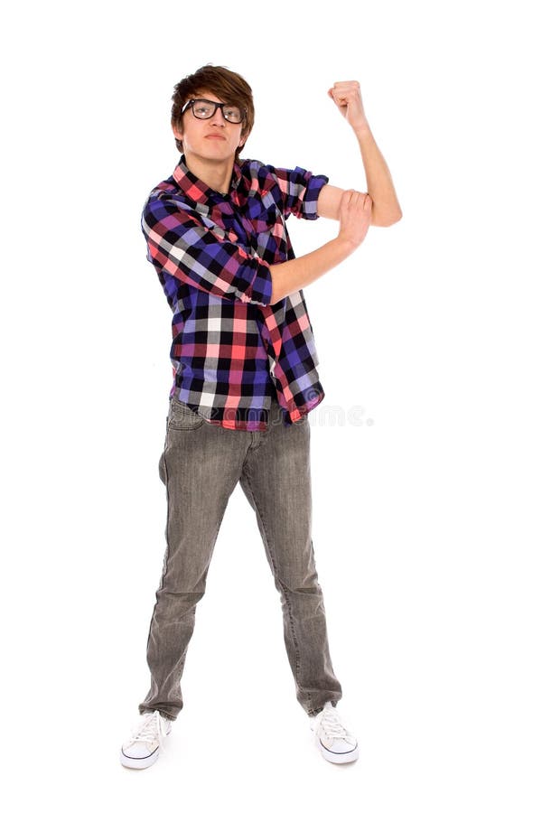 Nerd showing biceps standing over white background. Nerd showing biceps standing over white background