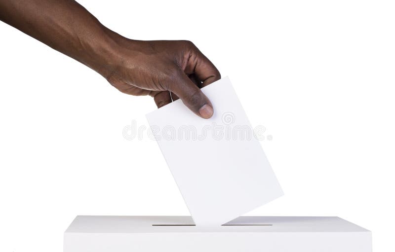 Ballot box with person casting vote on blank voting slip stock images