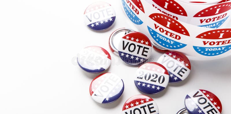 Vote election badge pins for 2020 on white background, panorama, copy space. Vote election badge pins for 2020 on white background, panorama, copy space