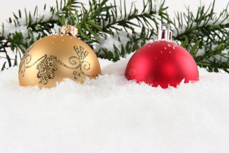 Red and White Christmas Balls in Snow Flakes Stock Photo - Image of ...