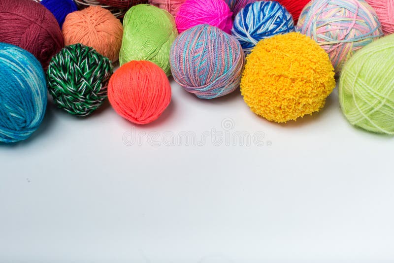 Balls of colored yarn. View from above. All the colors of the rainbow. Sample knit. Crochet. stock image Balls of colored yarn. View from above. All the colors of the rainbow. Sample knit. Crochet. stock image