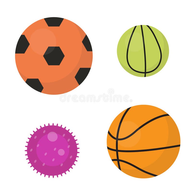 Balls set icons, flat, cartoon style. Collection of football, basketball, tennis. Isolated on white background. Vector stock illustration