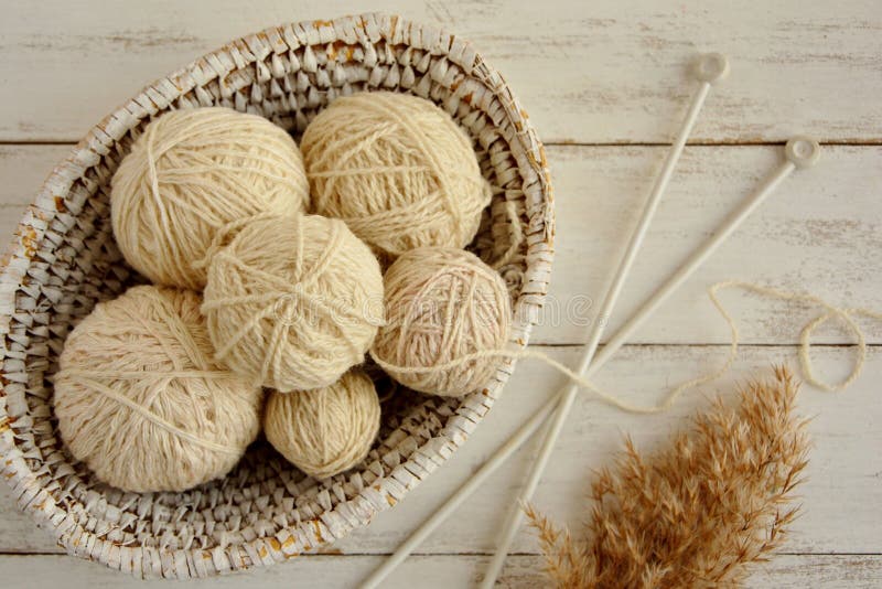 Balls of White and Blue Yarn in a Basket with Knitting Needles Stock Image  - Image of cotton, balls: 206473341