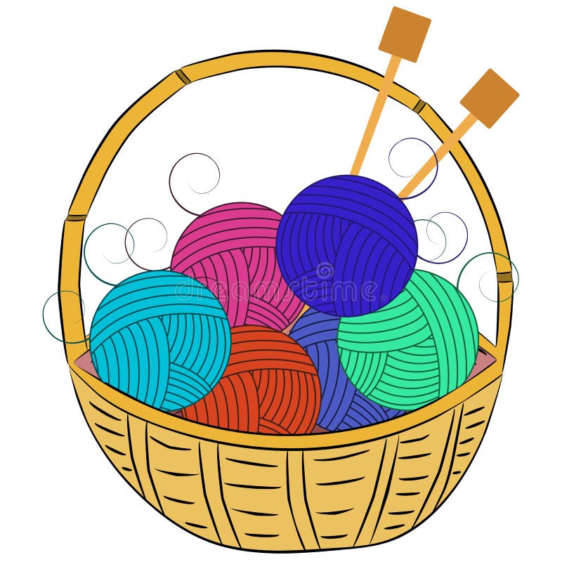 Balls of Wool and Knitting Needles Lie in a Basket Stock Vector ...