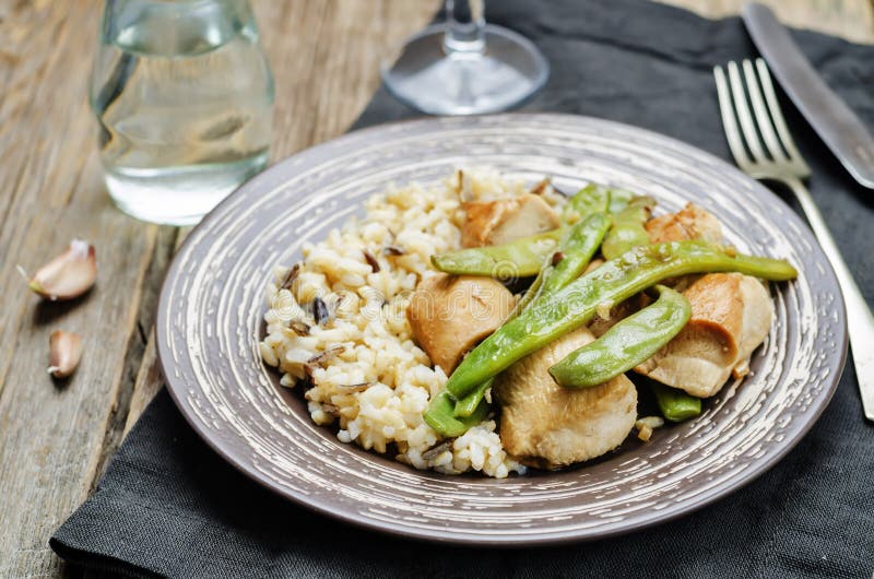 Balsamic Chicken with Green Beans and Brown Rice Stock Image - Image of ...