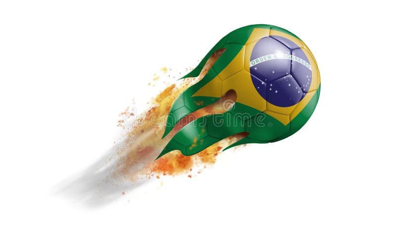Balón de fútbol llameante que vuela con la bandera del Brasil libre illustration Balón de fútbol llameante que vuela con la bandera del Brasil libre illustration