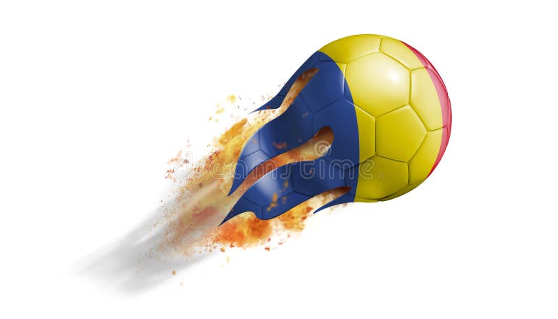 Balón de fútbol llameante que vuela con la bandera de Rumania ilustración del vector Balón de fútbol llameante que vuela con la bandera de Rumania ilustración del vector