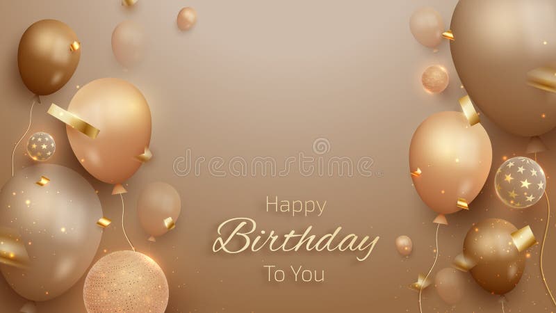 Balões elegantes e fita na sombra marrom. plano de fundo do cartão de aniversário 3d estilo de luxo realista.