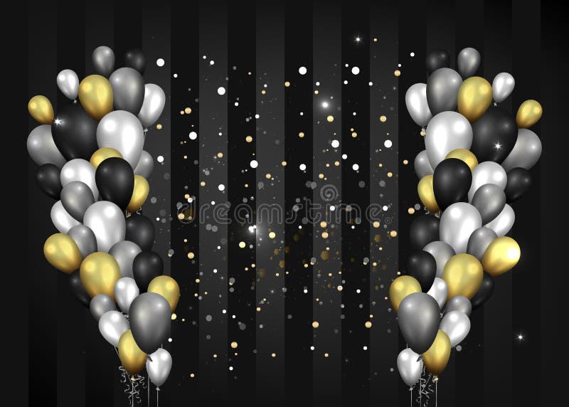 Balões negros e prateados dourados com fundo preto brilhante, conceito bonito para o aniversário elegante