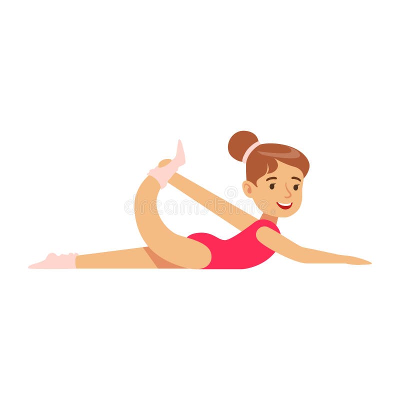 Bambina in body rosso che fa ginnastica che allunga esercizio nella classe, sport futuri professionali illustrazione di stock Bambina in body rosso che fa ginnastica che allunga esercizio nella classe, sport futuri professionali illustrazione di stock