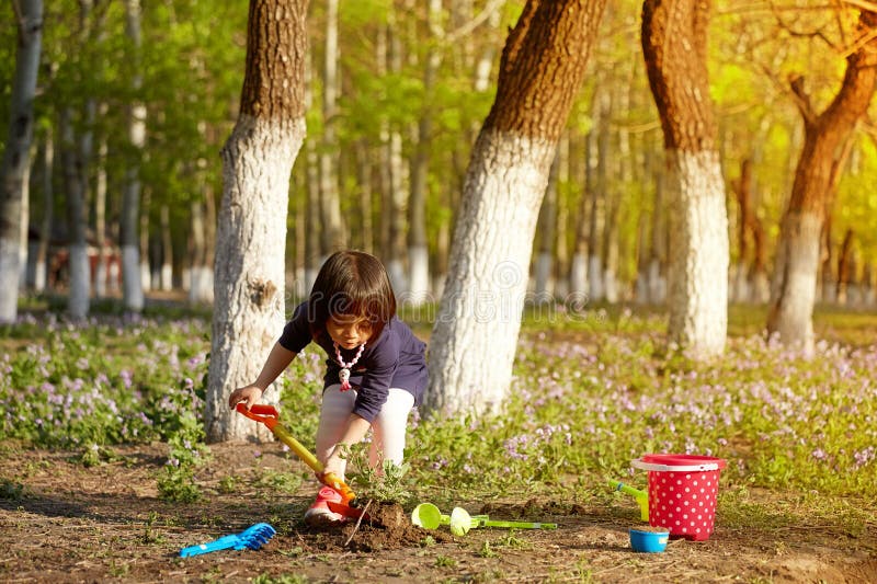 Bambina che fa piantagioni in una sorgente luminosa  immagine stock