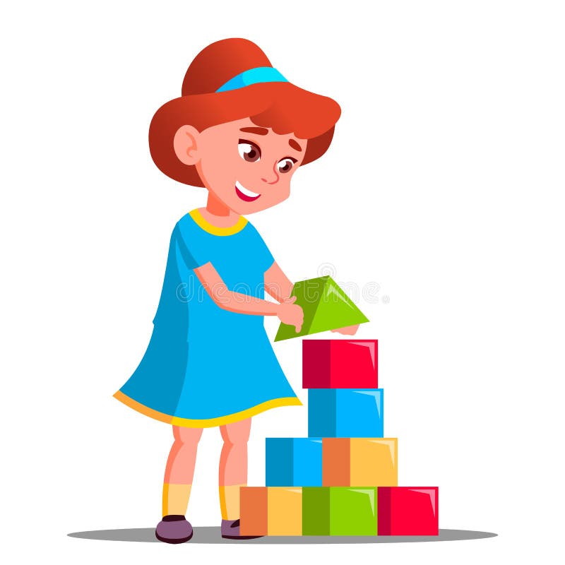Bambina che gioca vettore in costruzione dei blocchi Illustrazione isolata