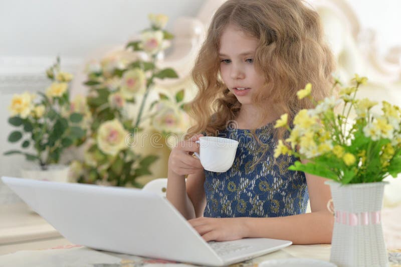 Bambina che per mezzo del computer portatile immagini stock