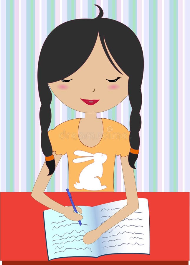 Bambina che si siede ad uno scrittorio e ad una scrittura illustrazione di stock Bambina che si siede ad uno scrittorio e ad una scrittura illustrazione di stock