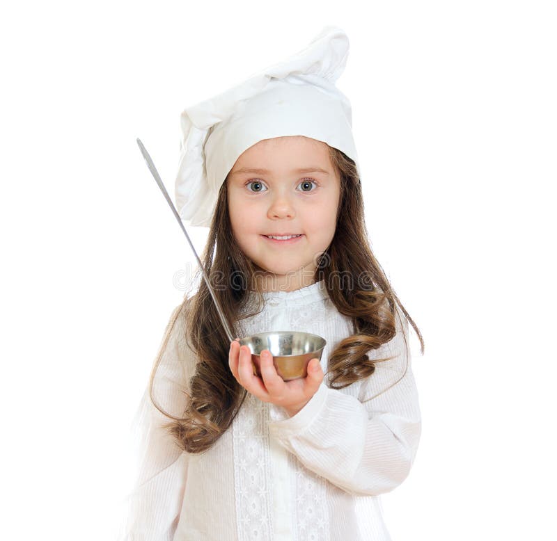 Pretty little girl in chef's hat holding ladle. Isolated on white. Pretty little girl in chef's hat holding ladle. Isolated on white