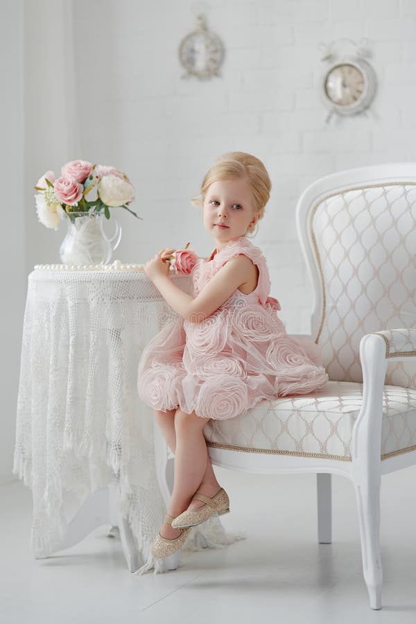 Bambina sveglia in un vestito rosa Ritratto su una priorità bassa bianca immagini stock Bambina sveglia in un vestito rosa Ritratto su una priorità bassa bianca immagini stock