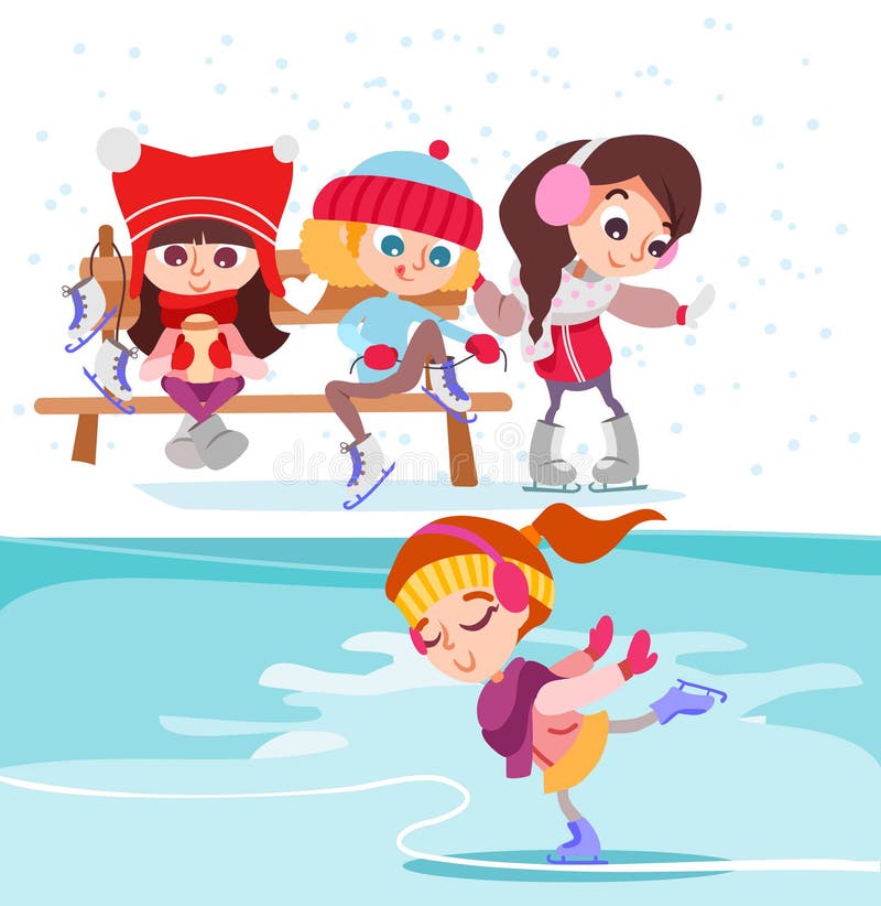 Bambine sveglie del fumetto sulla pista di pattinaggio sul ghiaccio royalty illustrazione gratis Bambine sveglie del fumetto sulla pista di pattinaggio sul ghiaccio royalty illustrazione gratis