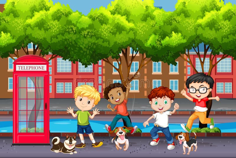Bambini allegri in città illustrazione vettoriale Bambini allegri in città illustrazione vettoriale