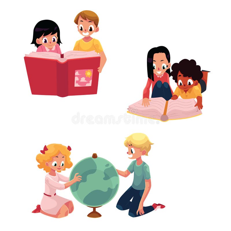 Bambini, bambini che leggono, studiando, imparanti insieme, illustrazione di vettore del fumetto illustrazione vettoriale Bambini, bambini che leggono, studiando, imparanti insieme, illustrazione di vettore del fumetto illustrazione vettoriale