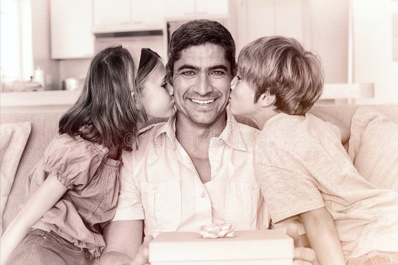Loving children kissing on fathers cheeks at home. Loving children kissing on fathers cheeks at home