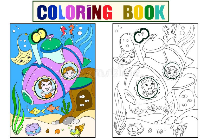Bambini che esplorano il mondo subacqueo in pagine di un colore del sottomarino per il vettore del fumetto dei bambini Coloritura royalty illustrazione gratis Bambini che esplorano il mondo subacqueo in pagine di un colore del sottomarino per il vettore del fumetto dei bambini Coloritura royalty illustrazione gratis
