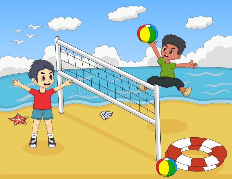 Bambini che giocano pallavolo sull'illustrazione di vettore del fumetto della spiaggia illustrazione di stock Bambini che giocano pallavolo sull'illustrazione di vettore del fumetto della spiaggia illustrazione di stock