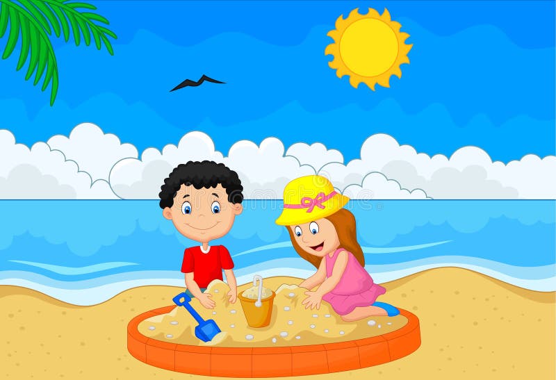 Bambini che giocano sabbia alla spiaggia tropicale royalty illustrazione gratis Bambini che giocano sabbia alla spiaggia tropicale royalty illustrazione gratis