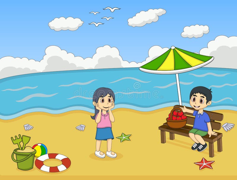 Bambini che giocano sull'illustrazione di vettore del fumetto della spiaggia royalty illustrazione gratis Bambini che giocano sull'illustrazione di vettore del fumetto della spiaggia royalty illustrazione gratis