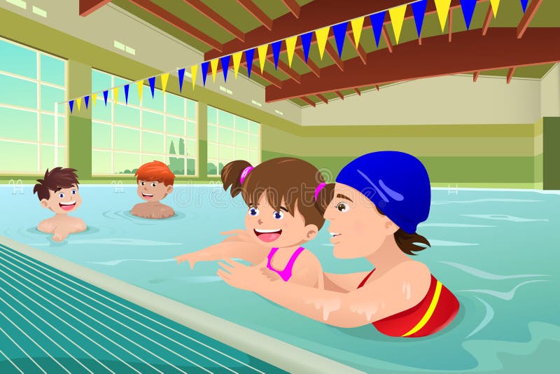 Bambini che hanno una lezione di nuoto in stagno dell'interno royalty illustrazione gratis Bambini che hanno una lezione di nuoto in stagno dell'interno royalty illustrazione gratis
