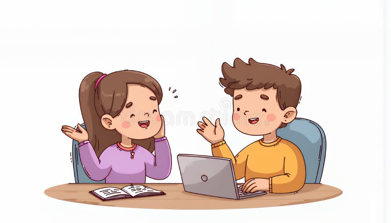 Bambini Chibi allegri che collaborano sul laptop a tavola illustrazione vettoriale